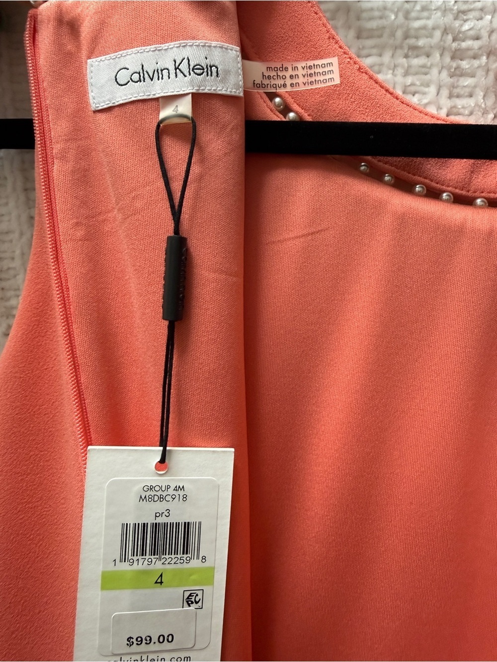 NWT Calvin Klein Dress Sz 4 Coral Pink Peach Pearl Trim Sheath Sleeveless Formal - Picture 5 of 11
